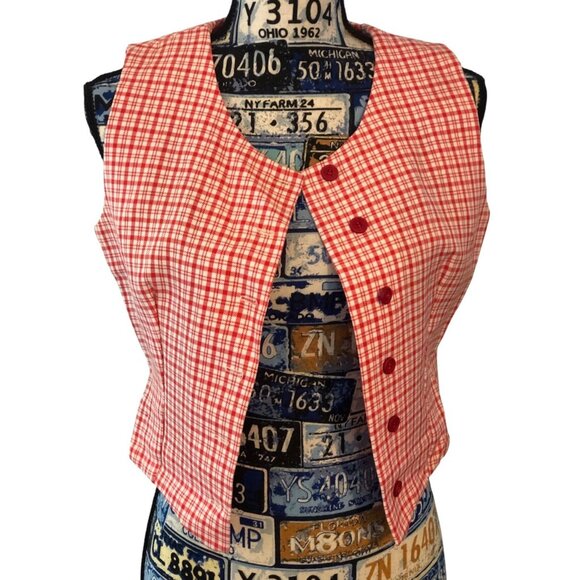 Vintage Style Handmade Tapered Darted Red White Striped Plaid Vest MEASUREMENTS - Picture 1 of 16
